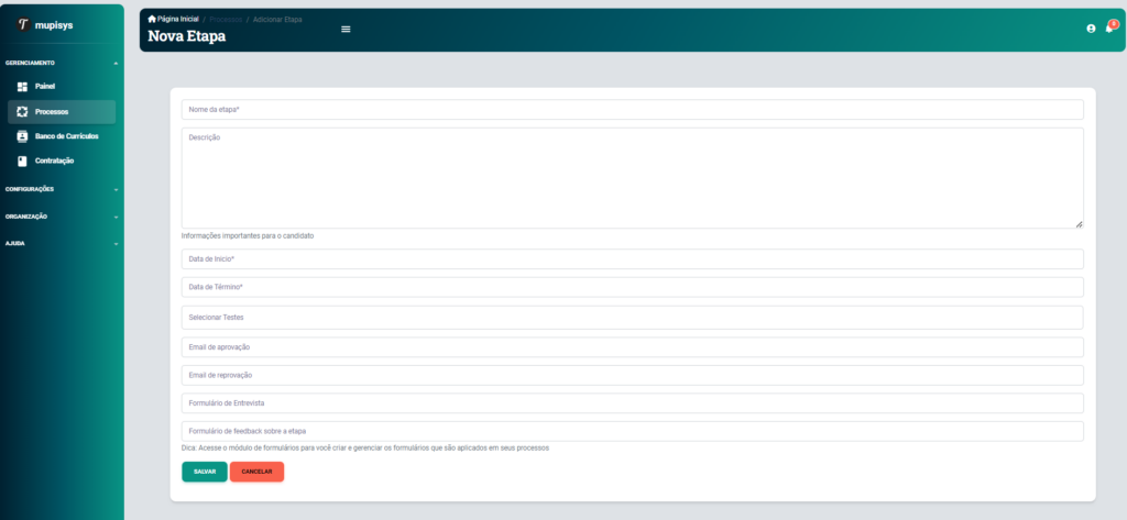 Configurando as etapas na e-Talentos