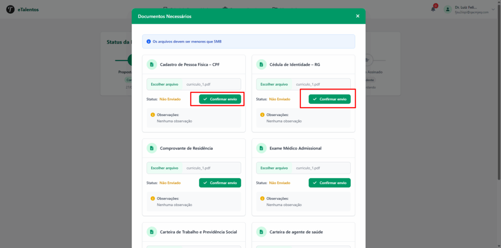 Imagem mostra a seção “Documentos Necessários” com a lista de documentos, campos para upload e o botão “Confirmar envio” destacado.