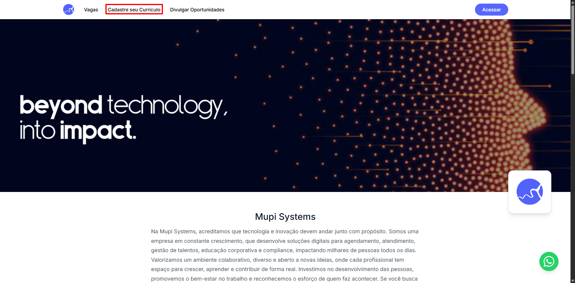 Imagem mostra a página de carreiras da empresa com o botão ´´Banco de talentos´´ destacado.