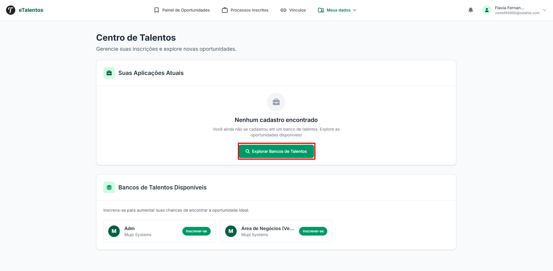 Imagem mostra a lista de bancos de talentos, e o botão explorar banco de talentos destacado.