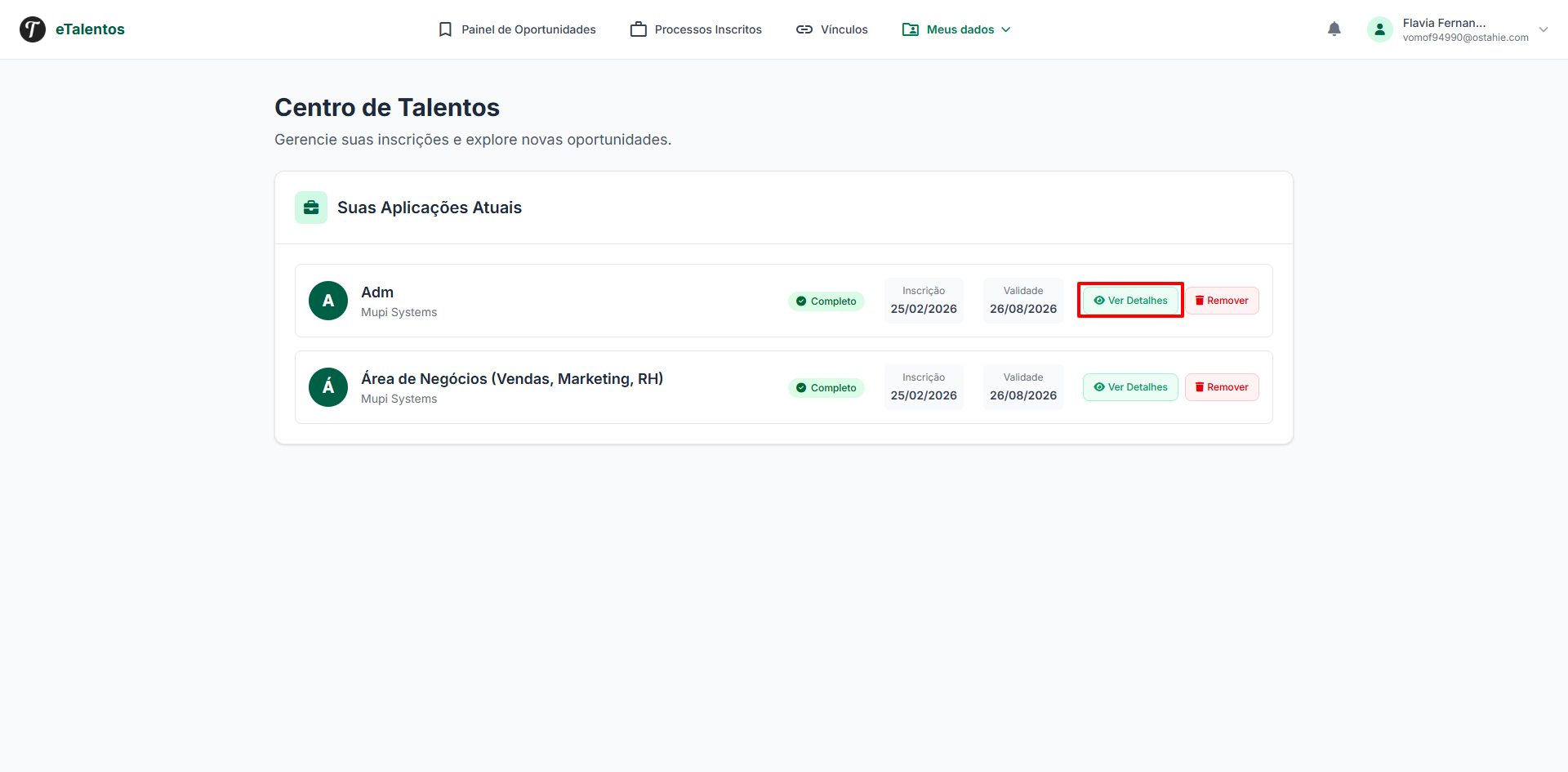 Imagem mostra a seção “Suas Aplicações Atuais” com as inscrições listadas, incluindo “Adml - Mupi Systems” e “Area de negocios - Mupi Systems”, com botões “Ver Detalhes” destacados.