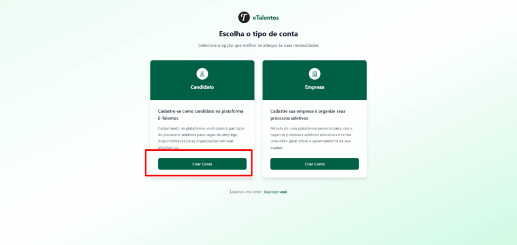 Como Criar uma Conta de Candidato na eTalentos