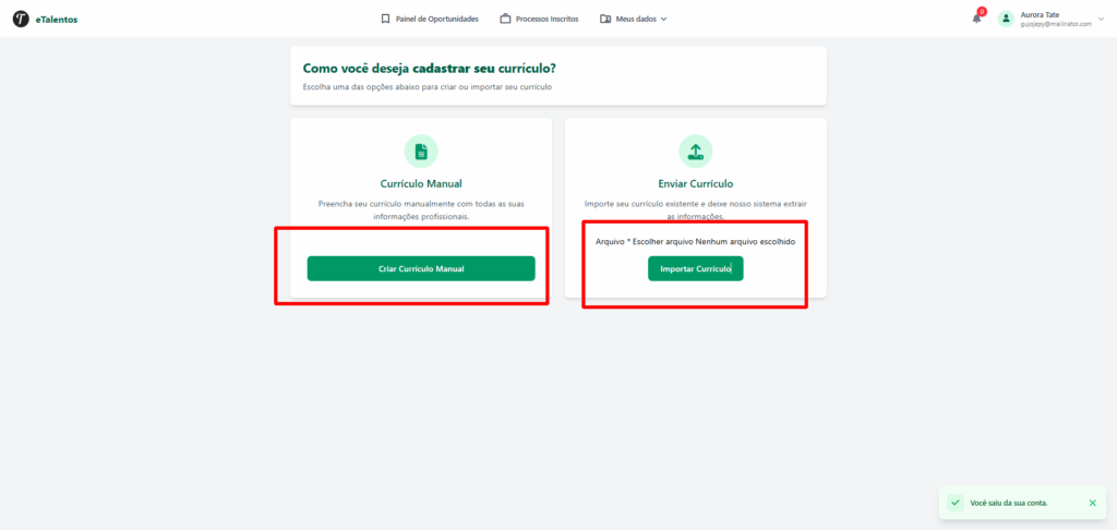 Imagem mostra as opções “Currículo Manual” e “Enviar Currículo”, com os botões “Criar Currículo Manual” e “Importar Currículo” destacados.