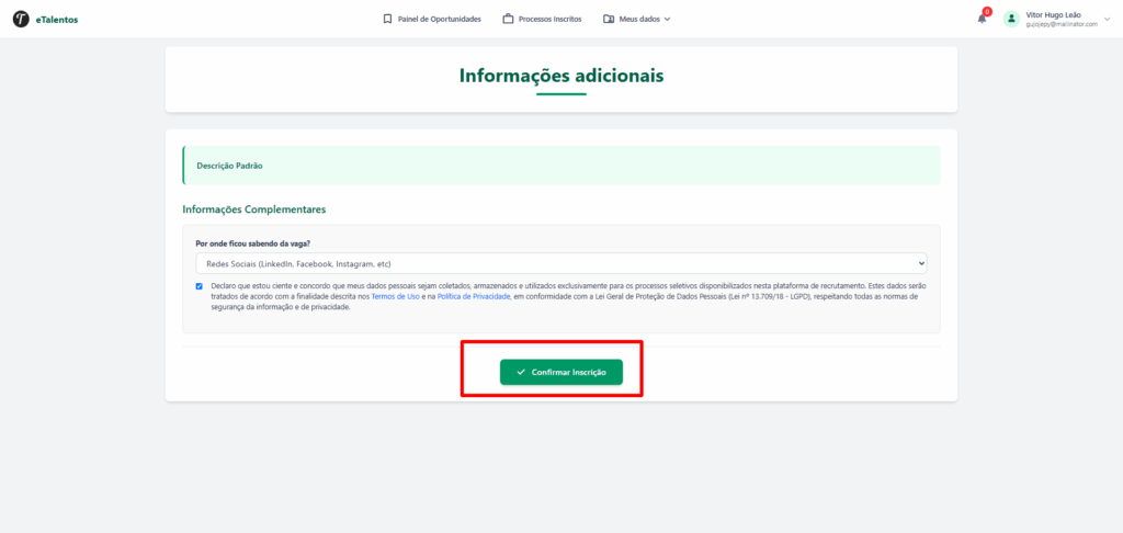 Imagem mostra o formulário de informações adicionais preenchido, com a caixa de consentimento marcada e o botão “Confirmar Inscrição” destacado.