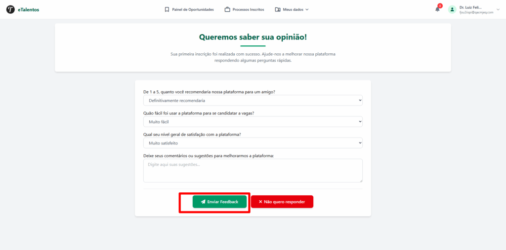 Imagem mostra a tela de feedback com as perguntas preenchidas e o botão “Enviar Feedback” destacado.