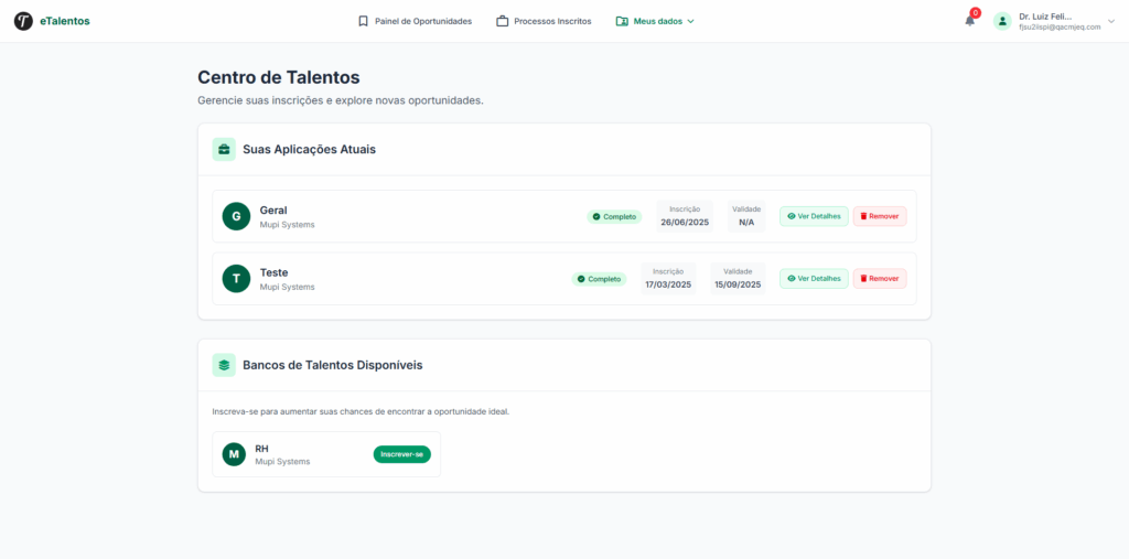 Imagem mostra a seção “Centro de Talentos” com a opção “Banco de Talentos” destacada e a lista de bancos inscritos ou disponíveis (dependendo do acesso).