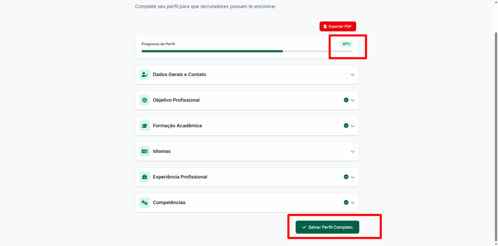 Imagem mostra o botão “Salvar Perfil Completo” destacado e a barra de progresso do perfil (ex.: 67%).