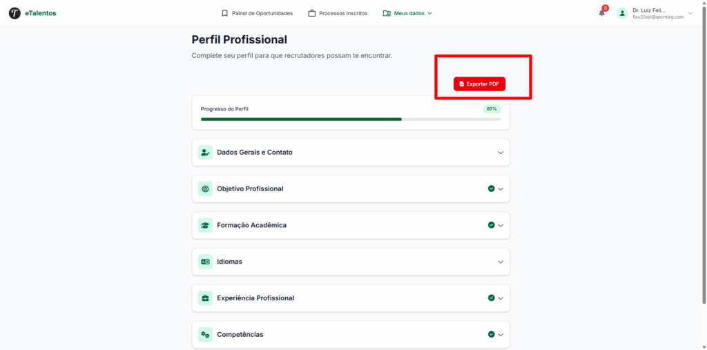 Imagem mostra a seção “Perfil Profissional” com o botão “Exportar PDF” destacado.