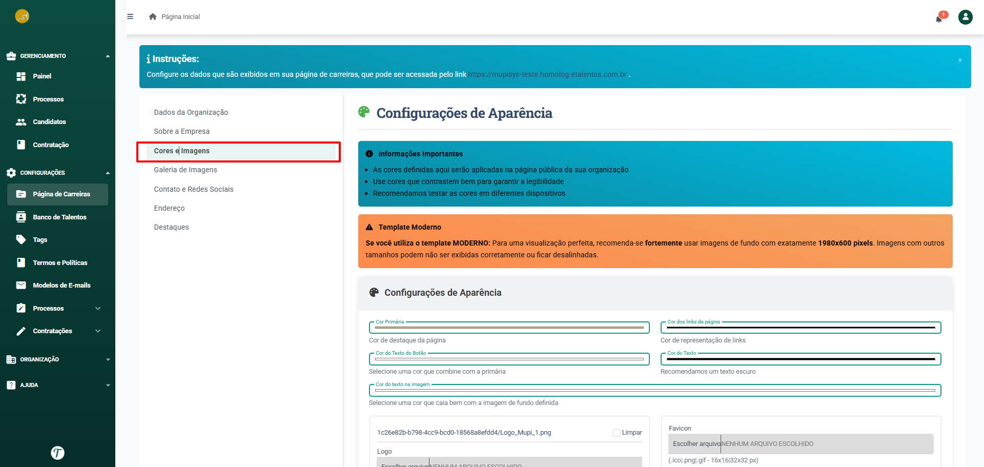 Imagem mostra a seção com cores e imagens carregadas.
